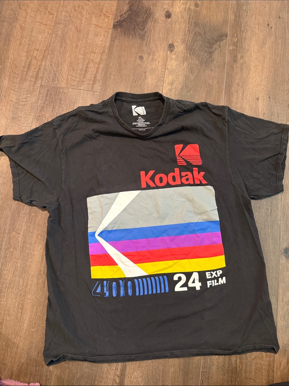 Kodak Black Tee with Red Logo and Multicolor Stripe Graphic
